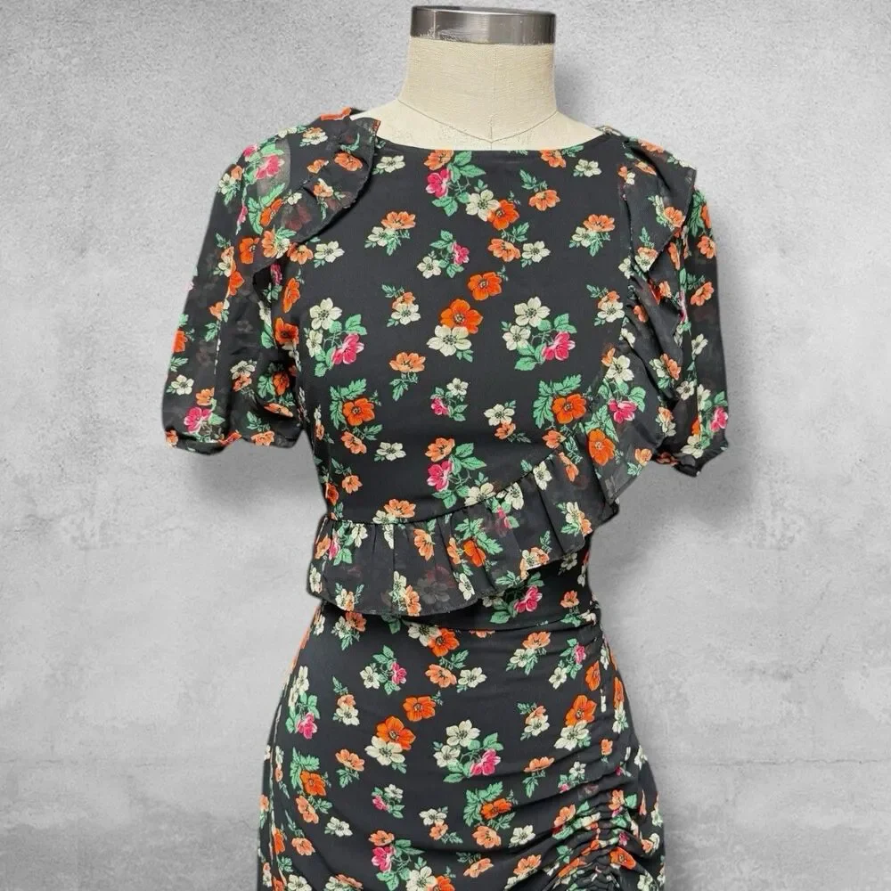 Maje Rancho Ruffle Dress 2 Black Floral Chiffon Midi Whimsigoth Cottagecore - Picture 2 of 10